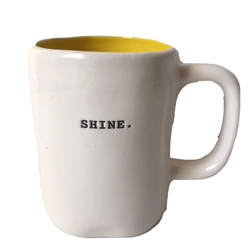 Rae Dunn Magenta white SHINE ceramic mug yellow inside w/handle coffee tea 16 oz